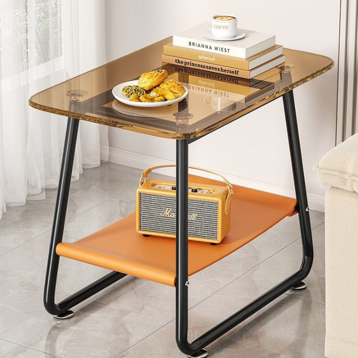 Contemporary Nordic Rectangular Tempered Glass Carbon Steel End Table 2-Tier For Living Room