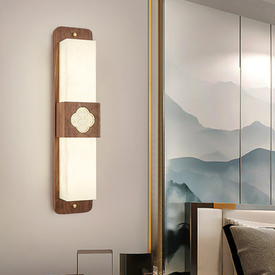 Traditional Chinese Brass Walnut Acrylic Rectangular Cloud LED Wall Sconce Lamp For Bedside