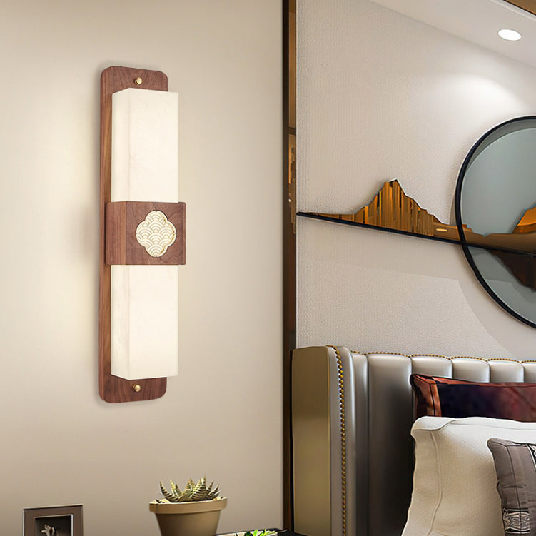 Traditional Chinese Brass Walnut Acrylic Rectangular Cloud LED Wall Sconce Lamp For Bedside