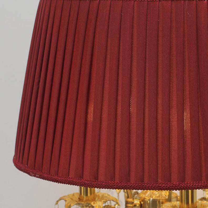 Traditional French Copper Crystal Fabric Cylinder Pleated 5-Light Table Lamp For Bedside