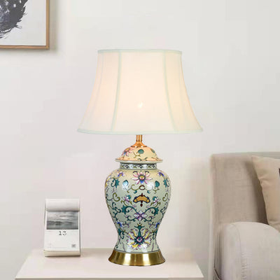 Contemporary Retro Lotus Leaves Pattern Ceramic Linen 1-Light Table Lamp For Bedroom