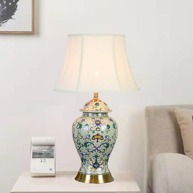 Contemporary Retro Lotus Leaves Pattern Ceramic Linen 1-Light Table Lamp For Bedroom