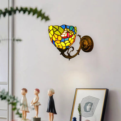 Traditional Tiffany Flower Iron Stained Glass 1-Light Wall Sconce Lamp For Living Room