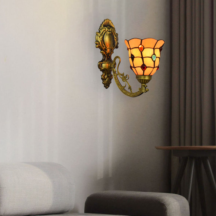 Traditional Tiffany Iron Crystal Stained Glass Flower 1-Light Wall Sconce Lamp For Living Room