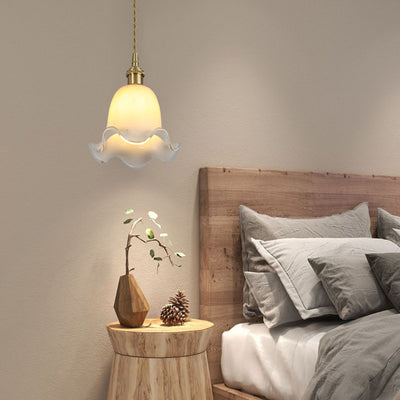 Modern Minimalist Flower Shaped All Brass Glass 1-Light Pendant Light For Bedroom