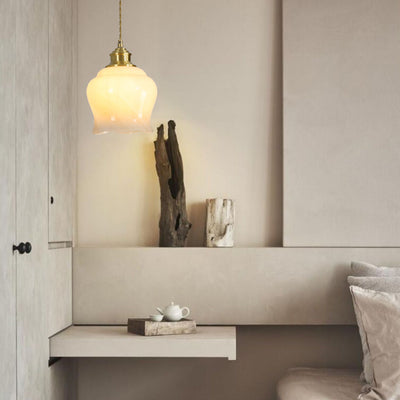 Modern Minimalist Flower Shaped All Brass Glass 1-Light Pendant Light For Bedroom