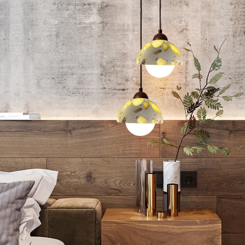 Modern Minimalist Round Hemisphere Cement Solid Wood 1-Light Pendant Light For Bedroom