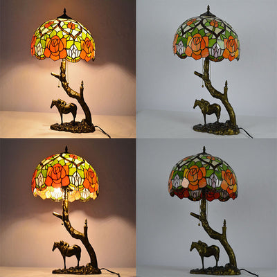 Traditional Tiffany Resin Glass Dome Conic Hemispheric Branch Horse Base 2-Light Table Lamp For Study