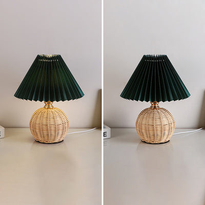 Contemporary Nordic Rattan Fabric Pleated Conic Ball LED Table Lamp For Bedroom