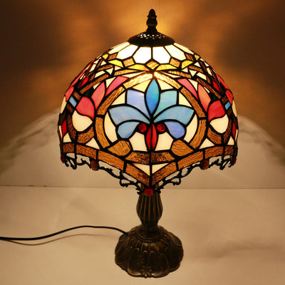 Traditional Tiffany Stained Glass Dome Shade Lotus Alloy Base 1-Light Table Lamp For Bedroom