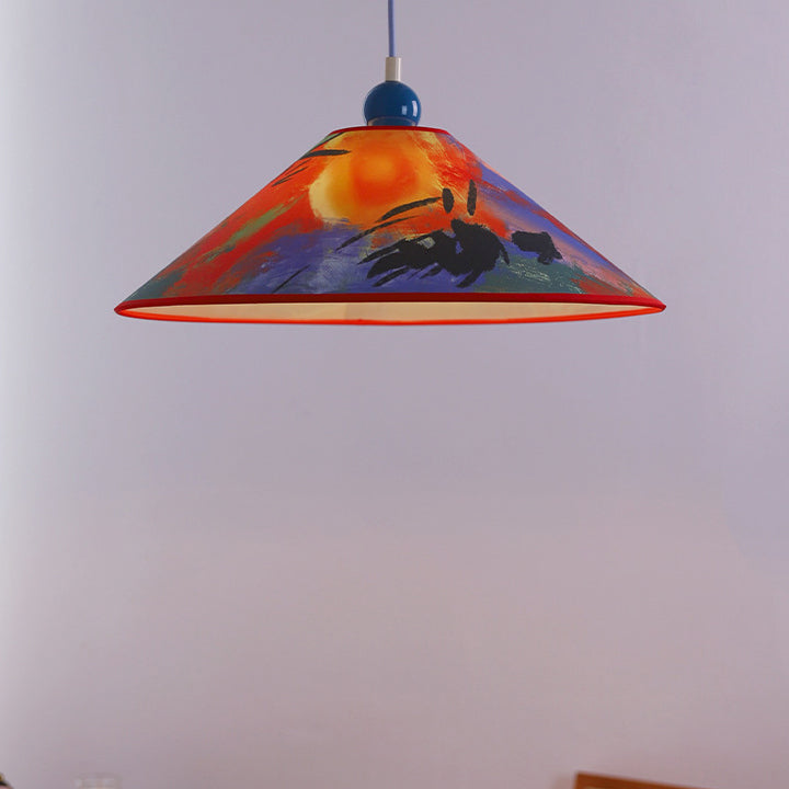 Modern Creative Cone Oil Painting Iron Fabric 1-Light Pendant Light For Living Room