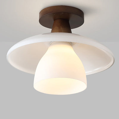 Modern Minimalist Round Cup Glass Wood 1-Light Semi-Flush Mount Ceiling Light For Living Room