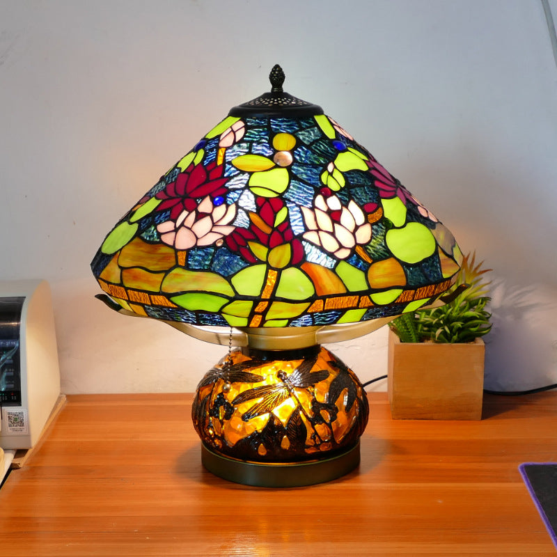 Traditional Tiffany Iron Glass Conic Dragonfly Water Lily 2/3 Light Table Lamp For Study