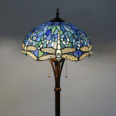 Traditional Tiffany Mediterranean Dragonfly Stained Glass Dome Shade 2-Light Standing Floor Lamp For Home Office