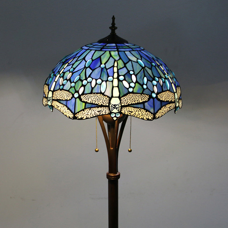 Traditional Tiffany Mediterranean Dragonfly Stained Glass Dome Shade 2-Light Standing Floor Lamp For Home Office