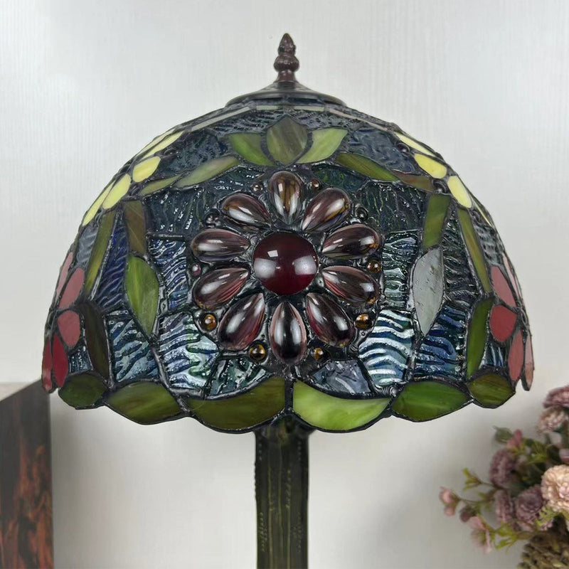 Traditional Tiffany Dome Flower Iron Glass 1-Light Table Lamp For Living Room