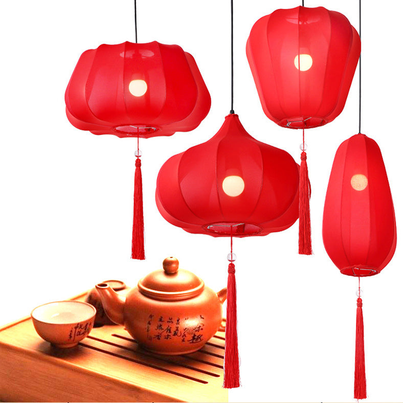 Traditional Chinese Lantern Fabric Iron 1-Light Pendant Light For Bedroom