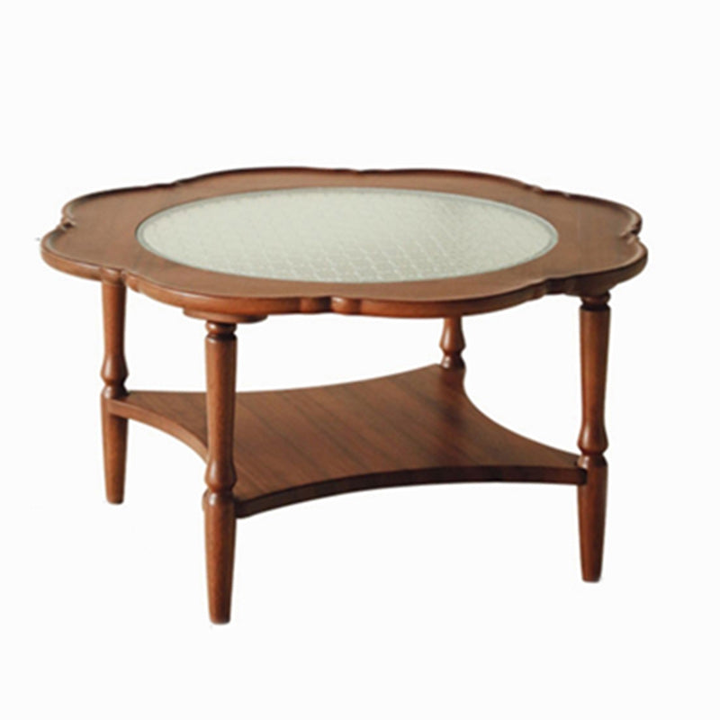 Contemporary Retro Flower Round Wood Glass Coffee Table 2-Tier For Living Room