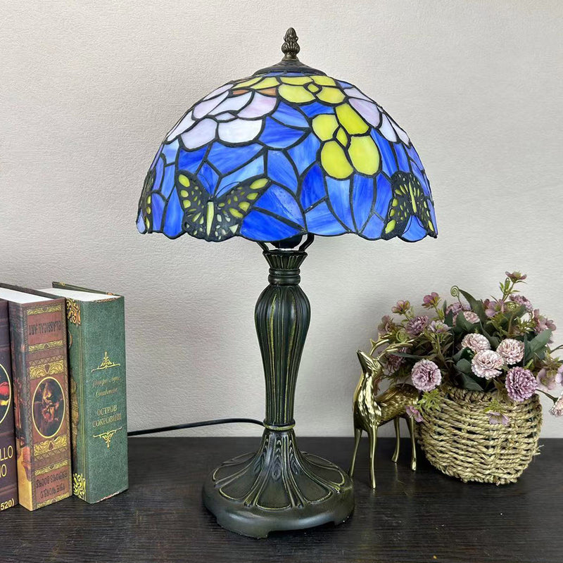 Traditional Tiffany Round Dome Flower Alloy Stained Glass 1-Light Table Lamp For Living Room