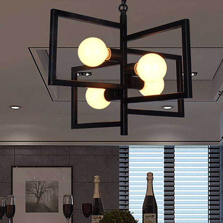 Modern Minimalist Square Frame Iron 4-Light Chandelier For Living Room