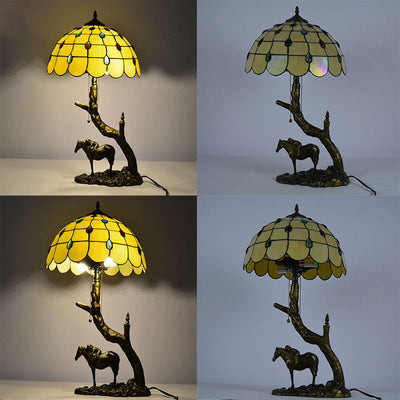 Traditional Tiffany Resin Glass Dome Conic Hemispheric Branch Horse Base 2-Light Table Lamp For Study