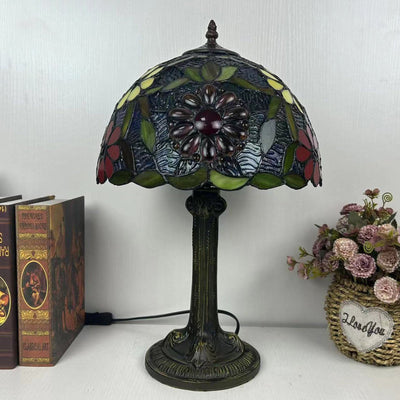 Traditional Tiffany Dome Flower Iron Glass 1-Light Table Lamp For Living Room