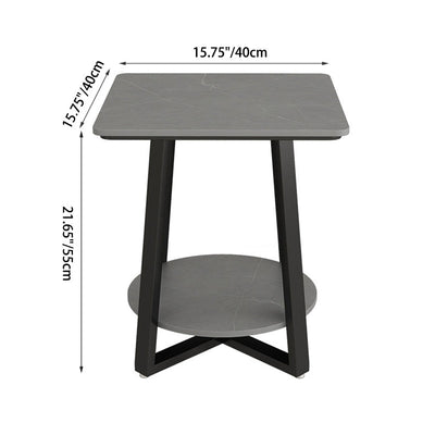 Modern Minimalist Square Round Rock Slab Iron Side Table 2-Tier For Living Room