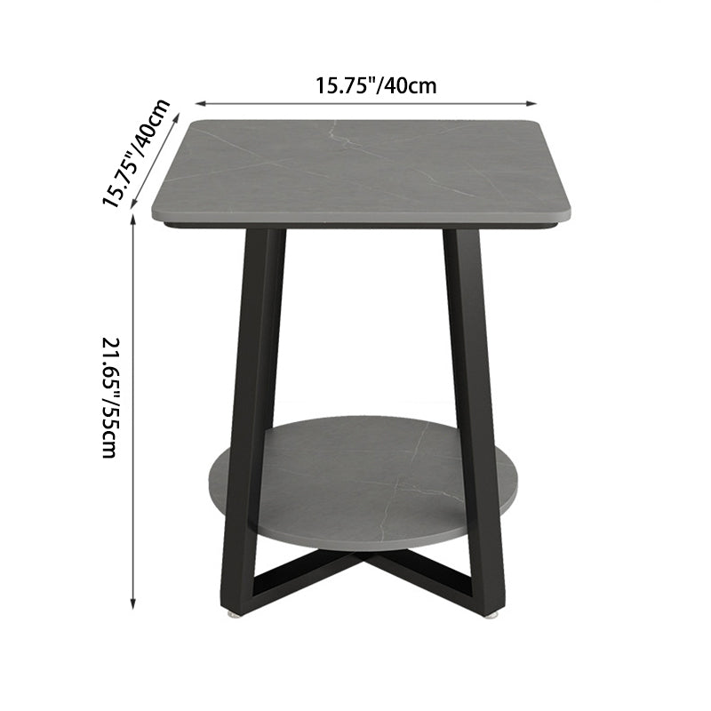 Modern Minimalist Square Round Rock Slab Iron Side Table 2-Tier For Living Room