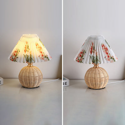 Contemporary Nordic Rattan Fabric Pleated Conic Ball LED Table Lamp For Bedroom