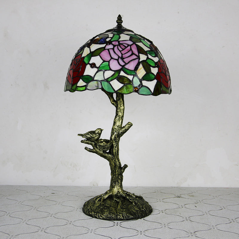 Traditional Tiffany Dome Flower Hardware Stained Glass 1-Light Table Lamp For Bedroom