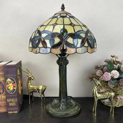 Traditional Tiffany Metal Hardware Glass Semicircular Dragonfly Flower Water Drop 1-Light Table Lamp For Bedroom