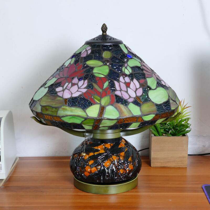 Traditional Tiffany Iron Glass Conic Dragonfly Water Lily 2/3 Light Table Lamp For Study