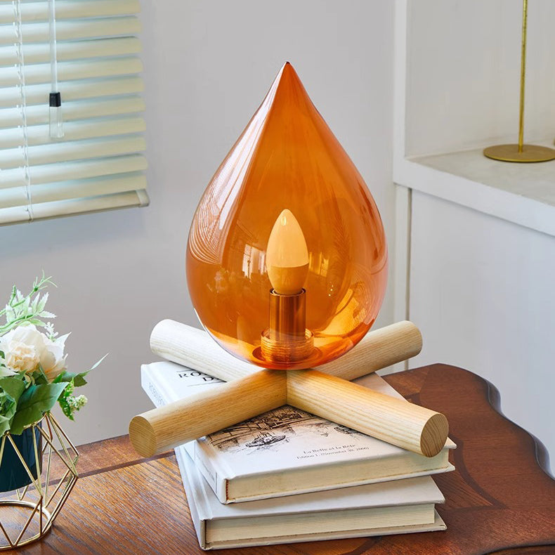 Contemporary Creative Flame Fire Pile Solid Wood Glass 1-Light Table Lamp For Bedroom