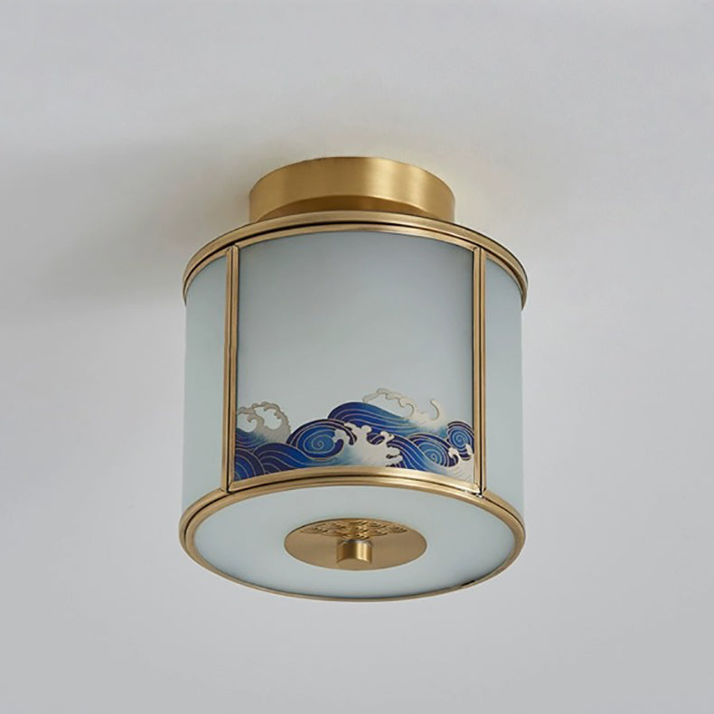 Traditional Chinese Painting Cylinder Copper Solder 1-Light Semi-Flush Mount Ceiling Light For Bedroom