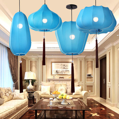 Traditional Chinese Lantern Fabric Iron 1-Light Pendant Light For Bedroom