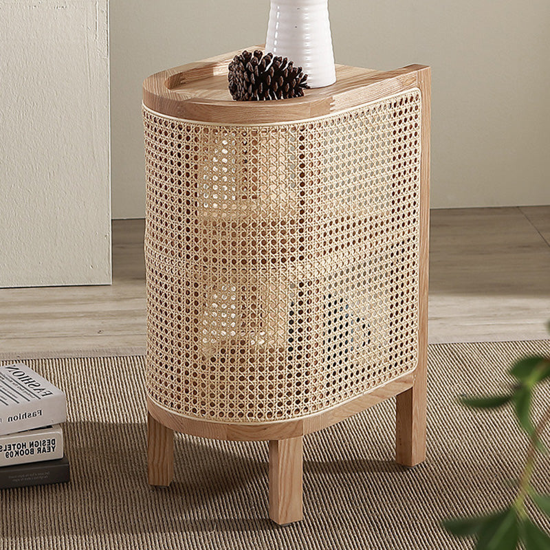 Traditional Japanese Weaving Semicircular Elliptical Rattan Ash Wood Nightstand 2-Storage For Bedside