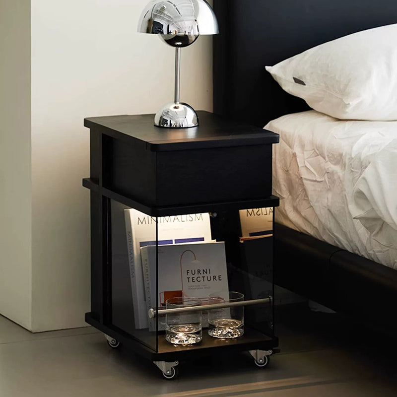 Modern Minimalist Square Frame Solid Wood Glass Stainless Steel Nightstand 1-Cabinet For Bedroom