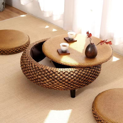 Traditional Japanese Oval Rattan Woven Wooden Coffee Table Storage For Living Room