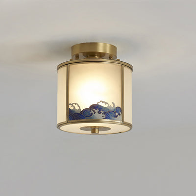 Traditional Chinese Brass Glass Cylinder 1-Light Semi-Flush Mount Ceiling Light For Living Room