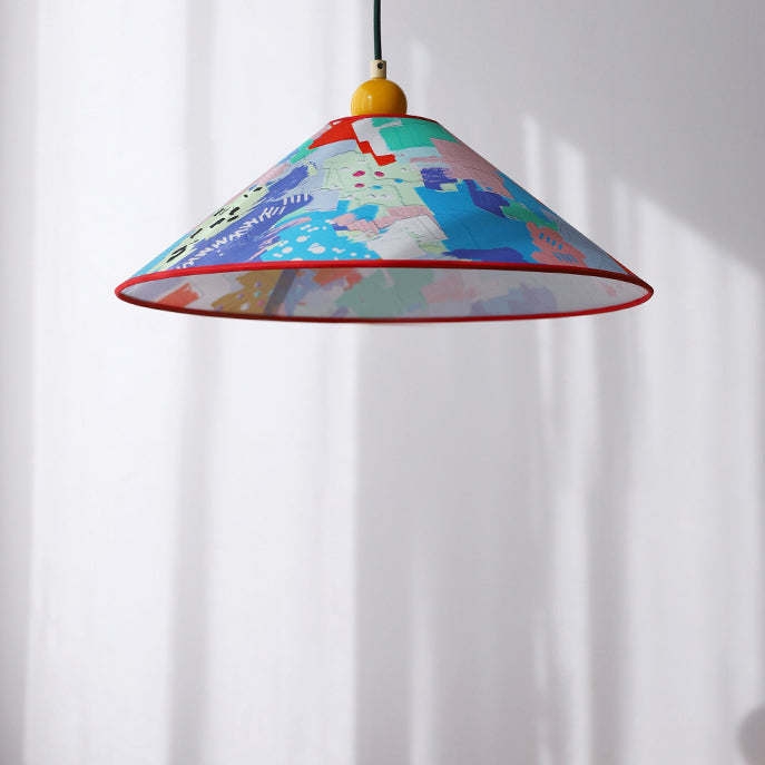 Modern Creative Cone Oil Painting Iron Fabric 1-Light Pendant Light For Living Room