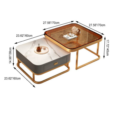 Modern Luxury Square Glass Top Nesting Coffee Table Drawer For Living Room