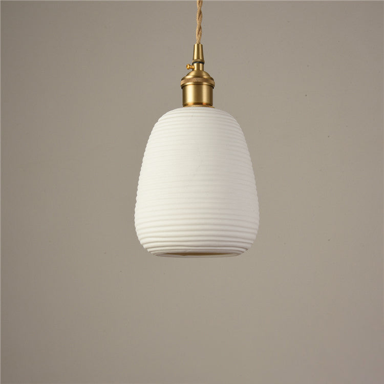 Contemporary Nordic Irregular Cylinder Stripe Ceramic Copper 1-Light Pendant Light For Living Room