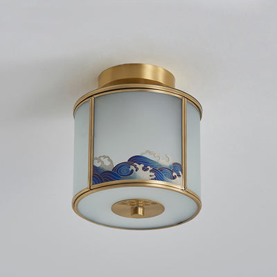 Traditional Chinese Brass Glass Cylinder 1-Light Semi-Flush Mount Ceiling Light For Living Room