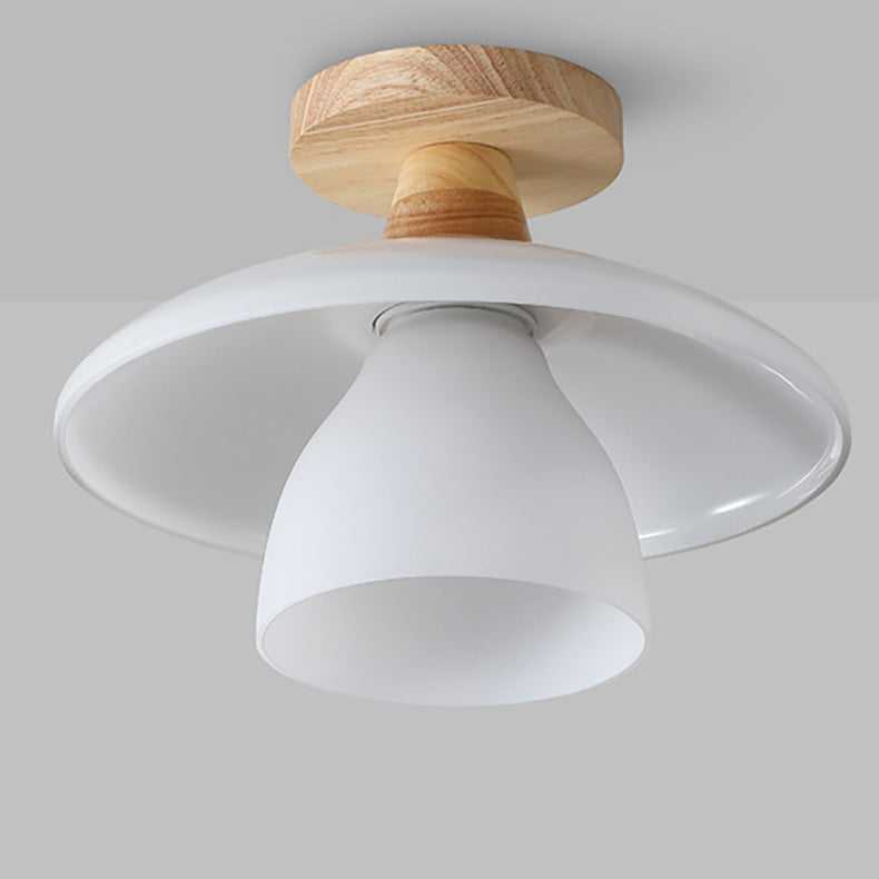 Modern Minimalist Round Cup Glass Wood 1-Light Semi-Flush Mount Ceiling Light For Living Room