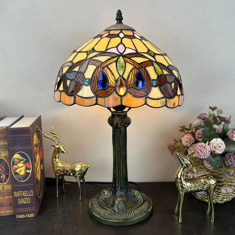 Traditional Tiffany Metal Hardware Glass Semicircular Dragonfly Flower Water Drop 1-Light Table Lamp For Bedroom