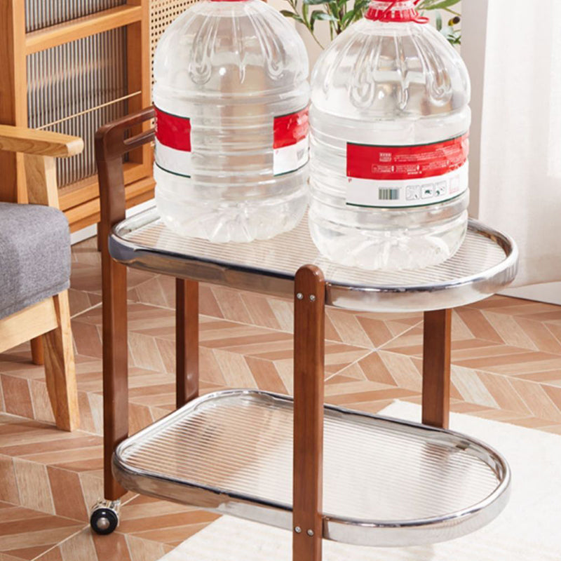 Traditional Japanese Removable Oval Wooden Stainless Steel Glass End Table 2-Tier For Living Room