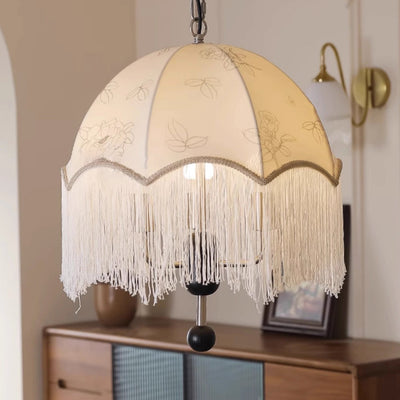 Traditional French Round Tassel Iron Wood Fabric 3-Light Pendant Light For Living Room