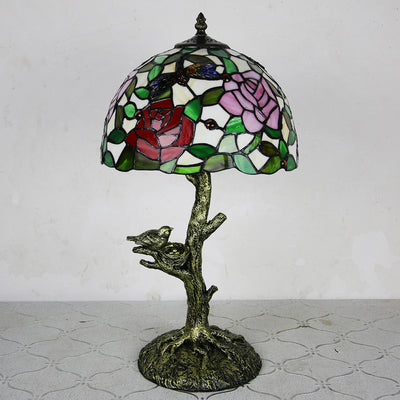 Traditional Tiffany Dome Flower Hardware Stained Glass 1-Light Table Lamp For Bedroom