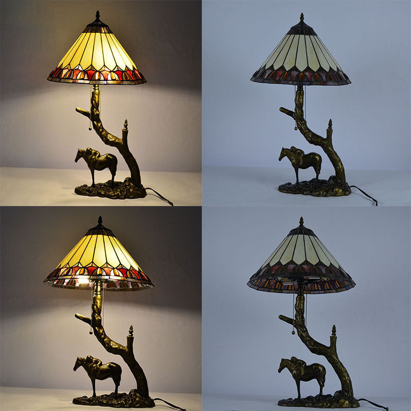 Traditional Tiffany Resin Glass Dome Conic Hemispheric Branch Horse Base 2-Light Table Lamp For Study