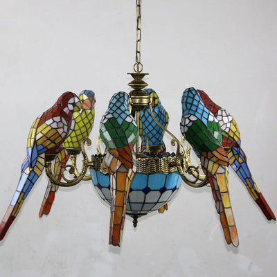 Traditional Tiffany Dome Parrot Alloy Stained Glass 8-Light Chandelier For Living Room